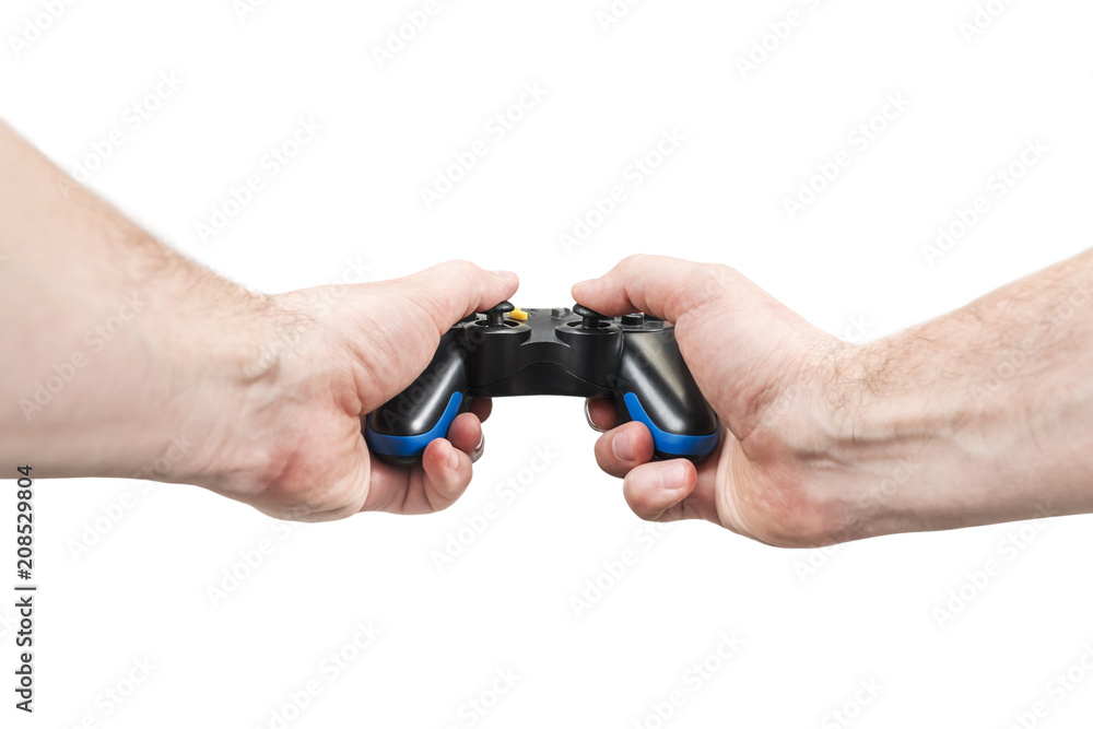 Male hands hold the joystick by pressing the control buttons, isolated on a white background, the first person view Male hands hold the joystick by pressing the control buttons, isolated on a white background, the first person view