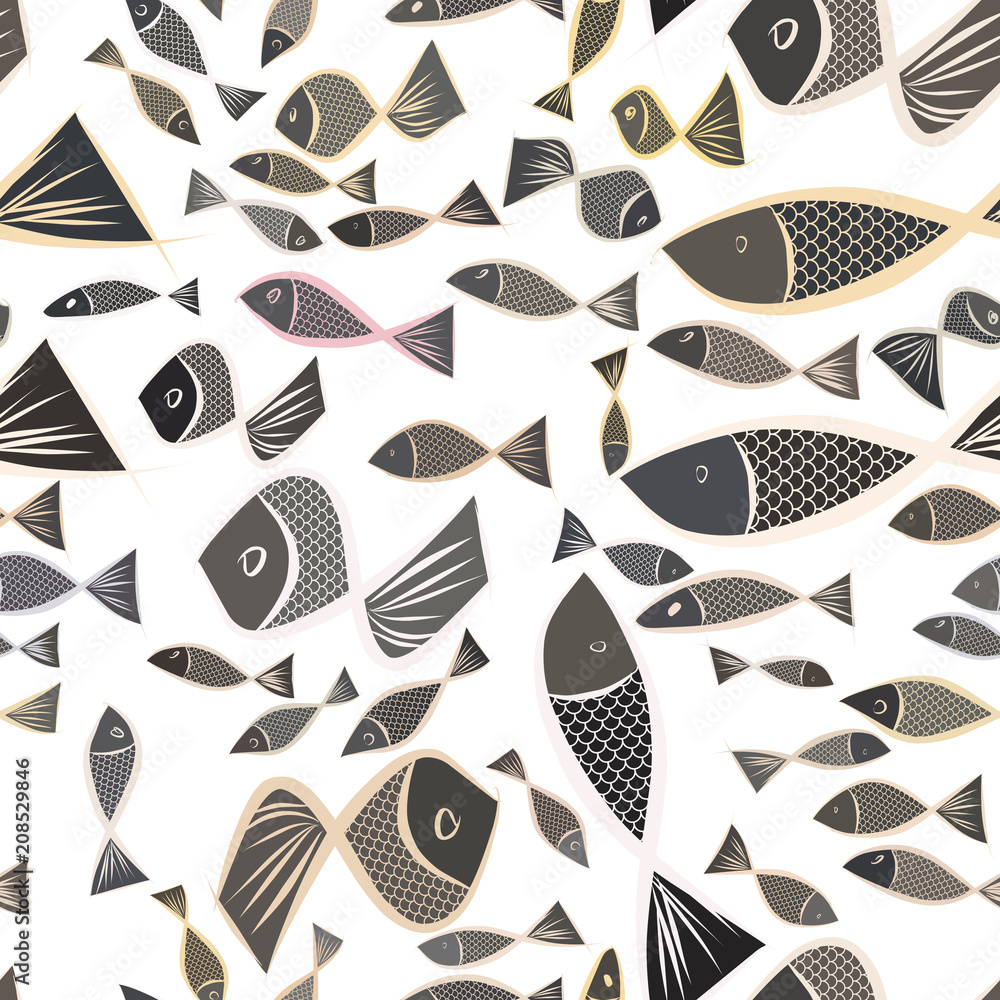 Seamless abstract illustrations of fish, conceptual. Creative, set, shape & backdrop.
