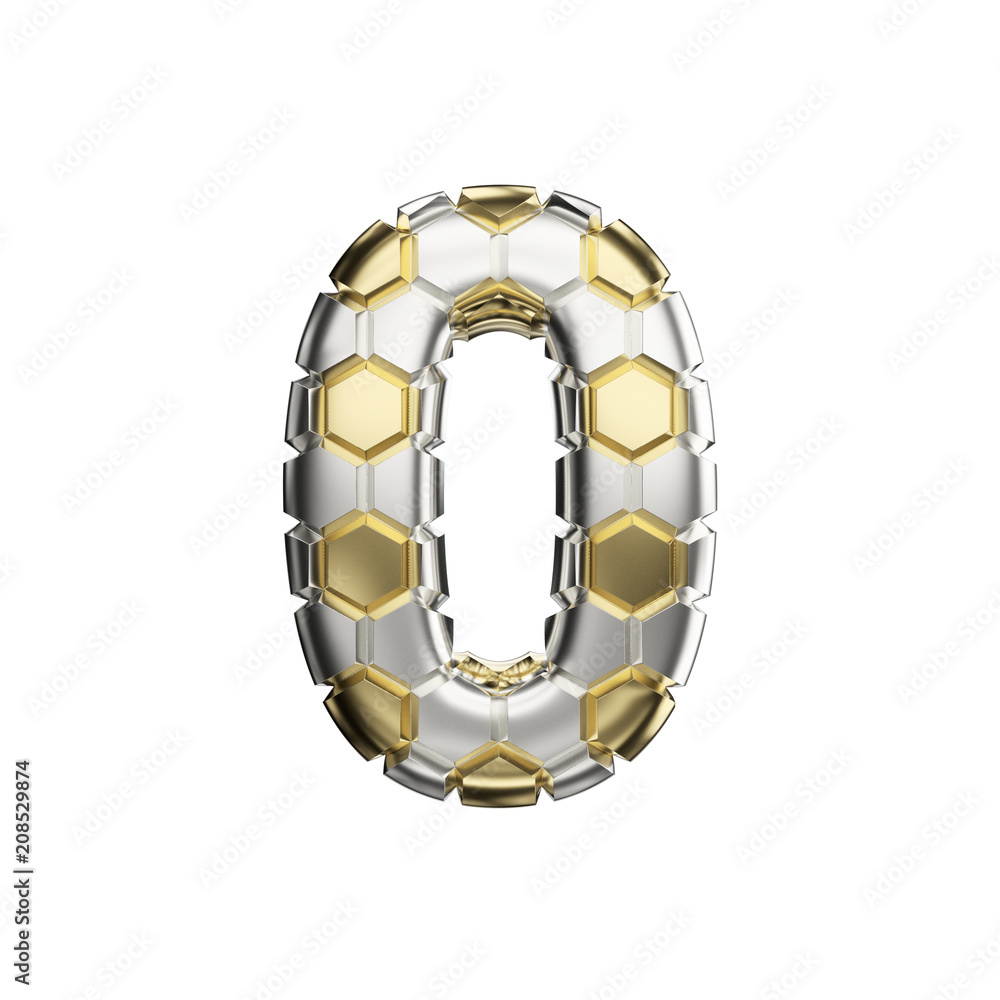 Alphabet number 0. Soccer font made of silver and gold football texture. 3D render isolated on white background. Alphabet number 0. Soccer font made of silver and gold football texture. 3D render isolated on white background.