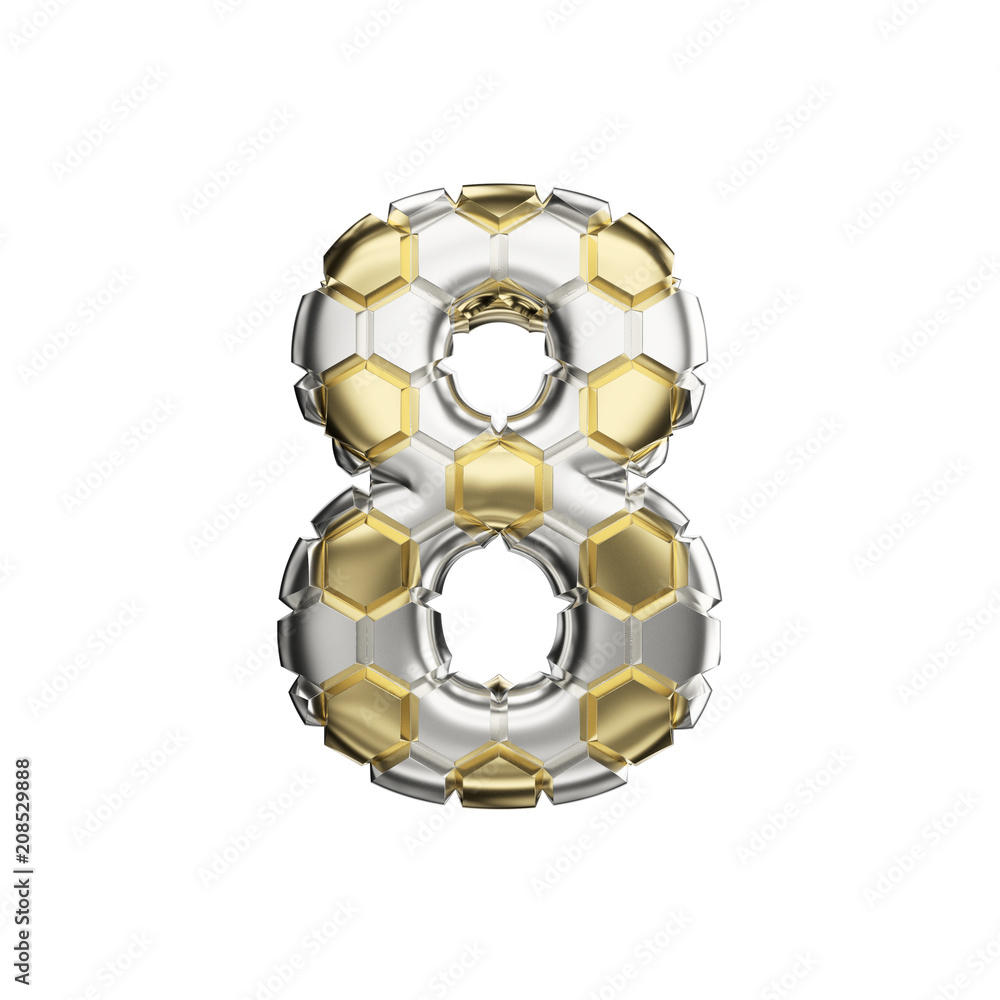 Alphabet number 8. Soccer font made of silver and gold football texture. 3D render isolated on white background. Alphabet number 8. Soccer font made of silver and gold football texture. 3D render isolated on white background.