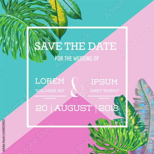 Wedding Invitation Template with Palm Leaves. Tropical Save the Date Card. Summer Botanical Design for Poster, Greeting Card. Vector illustration