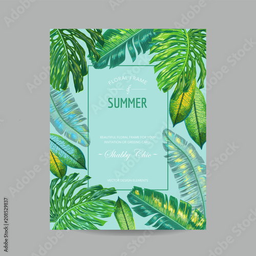 Wedding Invitation Template with Palm Leaves. Tropical Save the Date Card. Summer Botanical Design for Poster, Greeting Card. Vector illustration