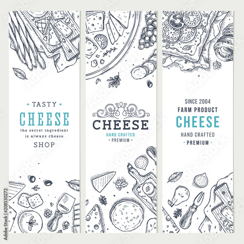 Cheese vertical banner collection. Antipasto table background. 