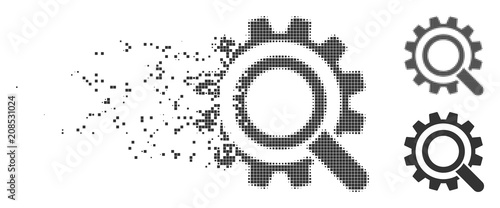 Gray vector search options gear icon in dispersed, dotted halftone and undamaged whole variants. Rectangular particles are used for disappearing effect.