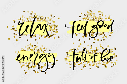 Calligraphy text for t-shirt women design, feminine internet shop. Curve lettering for original collection, fashion brand. Hand sketched banner relax feel good energy full of love