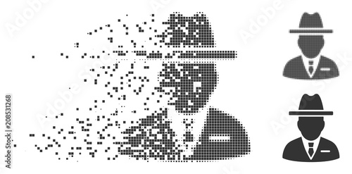Grey vector spy person icon in dispersed, dotted halftone and undamaged solid versions. Square dots are used for disappearing effect. Cells are combined into dissipated spy person shape.
