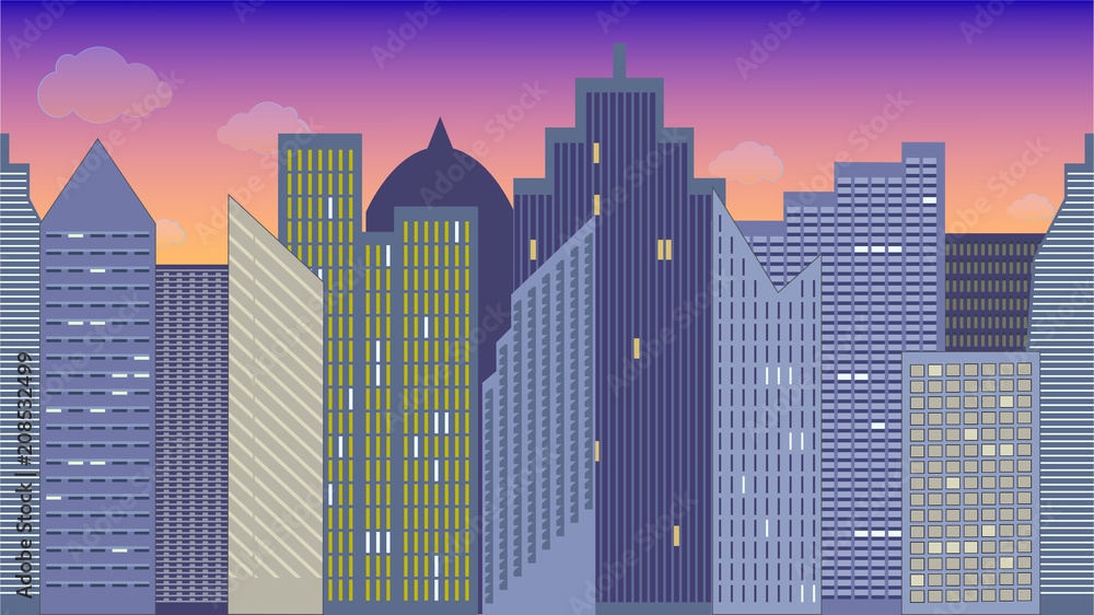 Horizontally seamless vector illustration of cityscape. Night. Colorful. Panoramic view.