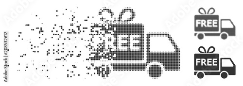 Dispersed free delivery dotted icon with disintegration effect. Halftone dotted and intact solid gray variants. Dots have rectangle shape. Fragments are combined into dissipated free delivery shape.