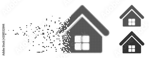 Dispersed home dotted icon with disintegration effect. Halftone pixelated and intact entire grey variants. Dots have rectangular shape. Pieces are organized into dissipated home shape.