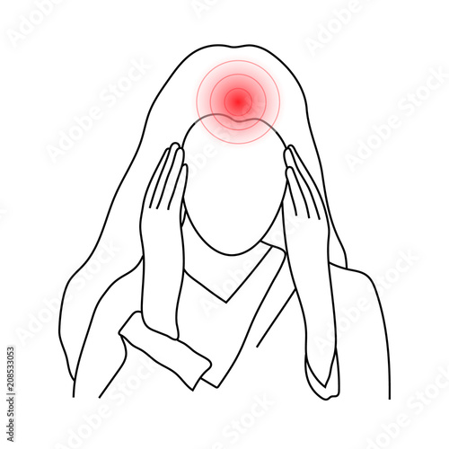Sketch of a young woman suffering from headache holding head in her hands, isolated on white background. Vector illustration. 