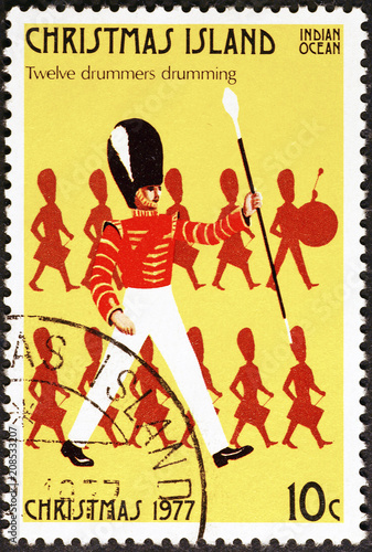 Twelve days of Christmas - 12 drummers drumming on postage stamp of Christmas Island photo