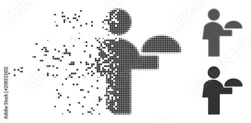 Fractured waiter dotted icon with disintegration effect. Halftone pixelated and undamaged entire grey variants. Dots have rectangle shape. Pixels are arranged into dissipated waiter shape.