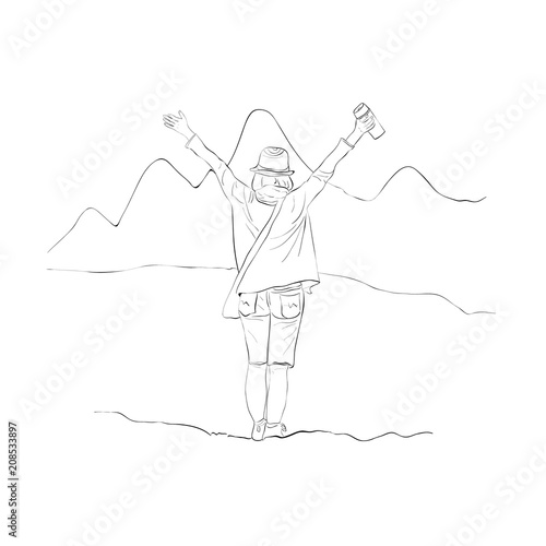 Sketch of a young traveler girl with a thermos bottle in her hand standing on the hill and looking on mountains feeling freedom. Vector illustration. 