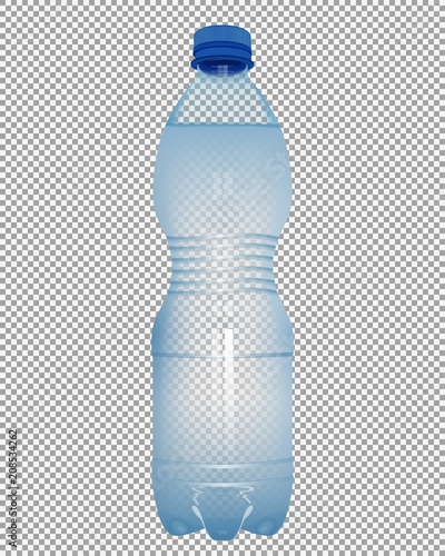 Realistic plastic bottle with water with close blue cap on transparent background