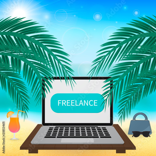 Laptop and glass of cocktail on tropical beach. Freelance work vector illustration.