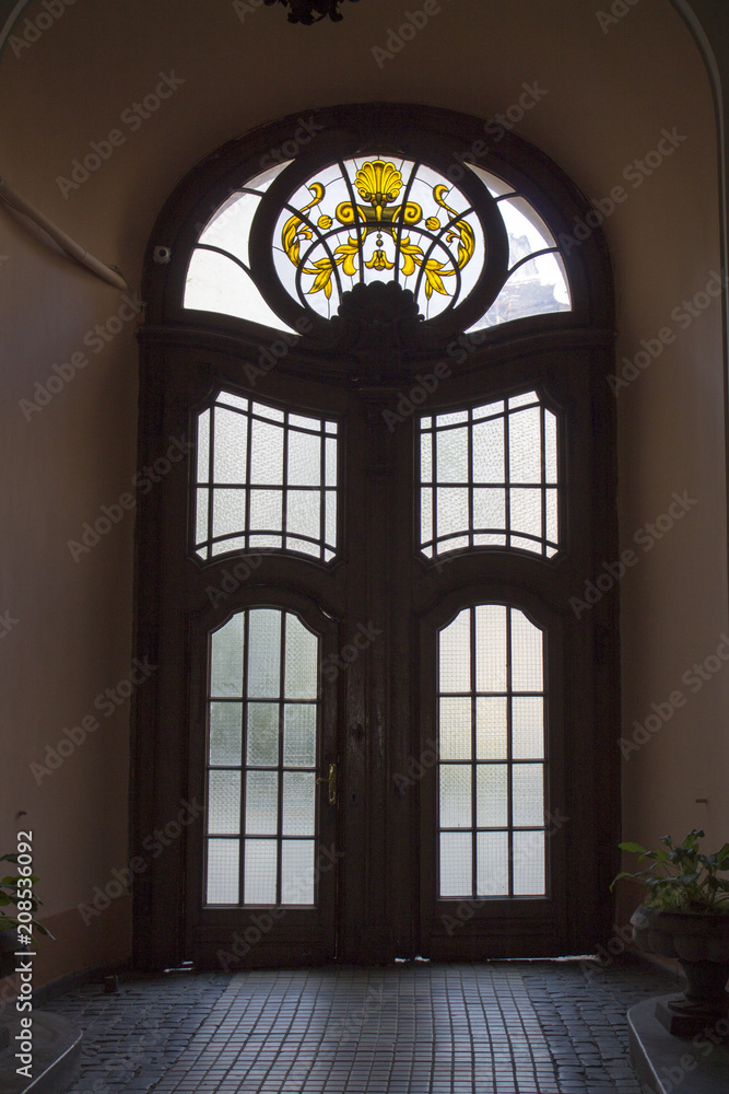 Photo of antique vintage old style glass door