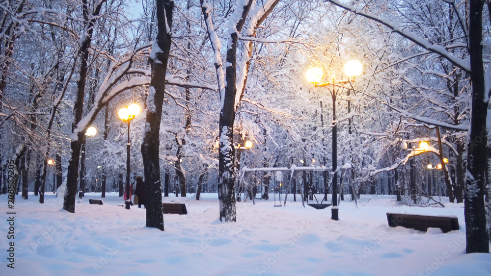Beautiful evening park winter scene, trees and ground are covered with snow, yellow street lights shining, people are walking on background, russian Moscow park.