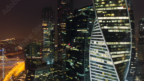 Canvas Print Night close up aerial shot of Moscow-city business towers with illuminated windows