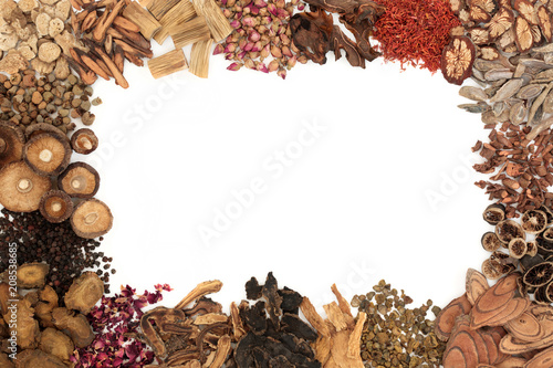 Obraz na plátně Chinese herbal medicine with traditional herbs forming a background border on white background