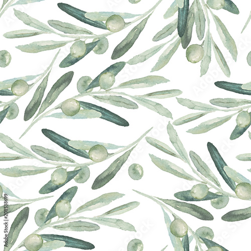 Fototapeta Bezszwowej akwareli kwiecisty wzór z oliwkami i liśćmi