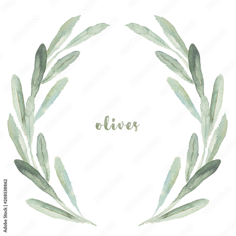 Watercolor floral illustration with olive branches wreath Stock ...