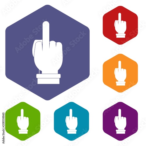 Middle finger hand sign icons set hexagon isolated vector illustration