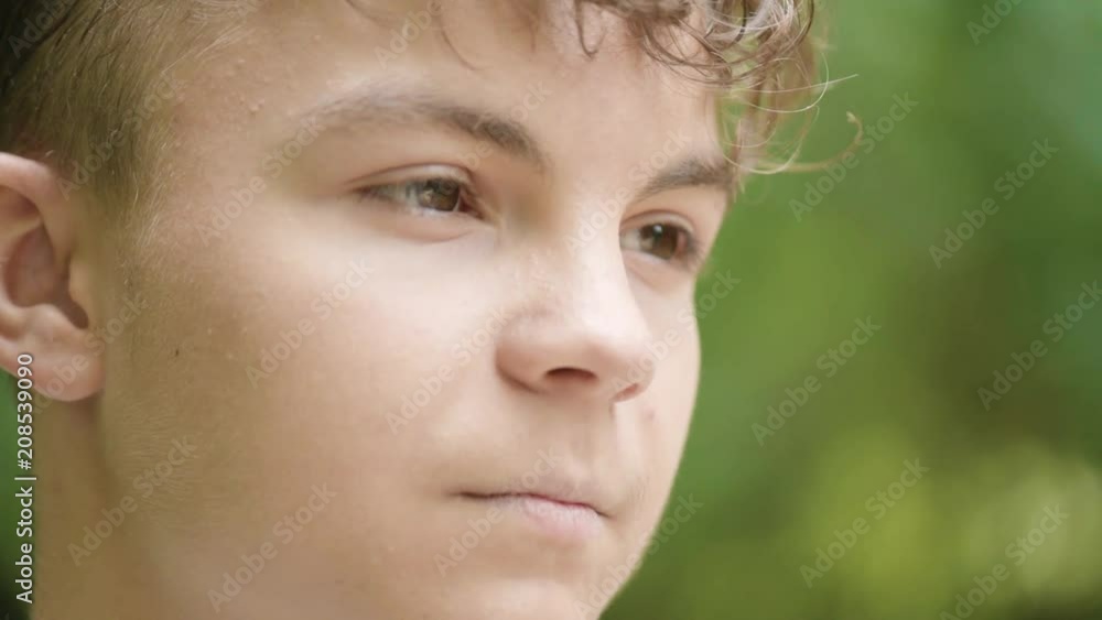 Close up emotional portrait of caucasian smiling teen boy. Handsome guy. Funny cute teenager in summer park at day. Child looking away. Close up emotional portrait of caucasian smiling teen boy. Handsome guy. Funny cute teenager in summer park at day. Child looking away.