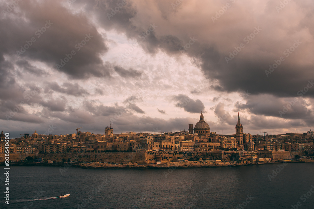 Beautiful view from Sliema to Valletta in the evening, Malta