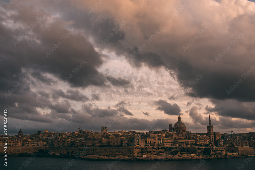 Beautiful view from Sliema to Valletta in the evening, Malta