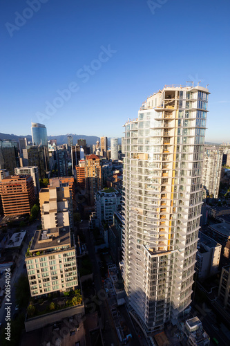 Vancouver, British Columbia, Canada - May 11, 2018: Aerial view of the new construction building in Downtown.