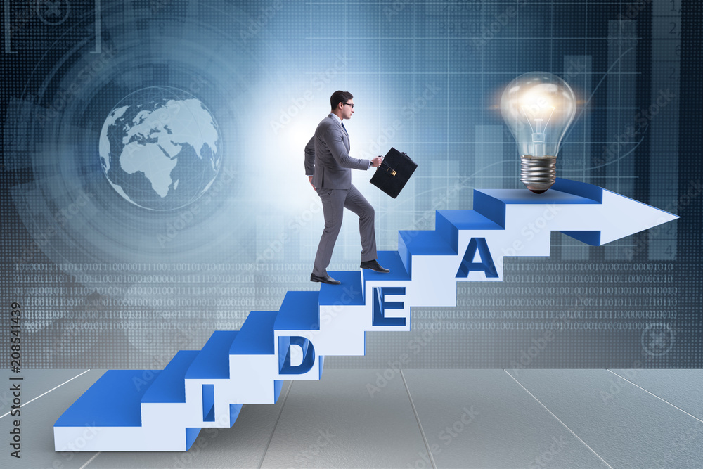 Concept of idea with businessman climbing steps stairs Concept of idea with businessman climbing steps stairs