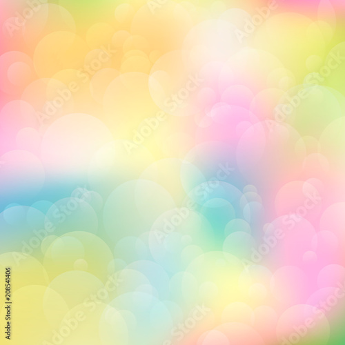 Colorful blurred gradient background with bubbles bokeh. Shiny summer vector illustration. Template for beach party invitations or travel agency banners.