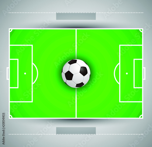 Football field with circular grass texture and soccer ball vector illustration.