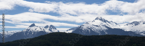Panoramic view of the beautiful Canadian Mountain Landscape viewed from the Sea to Sky viewpoint. Taken between Squamish and Whistler, North of Vancouver, BC, Canada.
