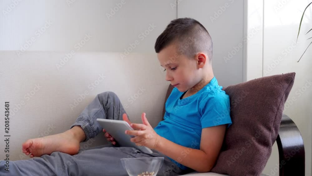 Cute boy relaxing while using tablet on sofa