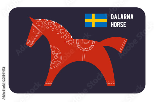 Rectangular Dolenska red horse sticker in harness on blue background. Based on the Northern folk crafts. Swedish flag. Tourist souvenir. Vector. photo