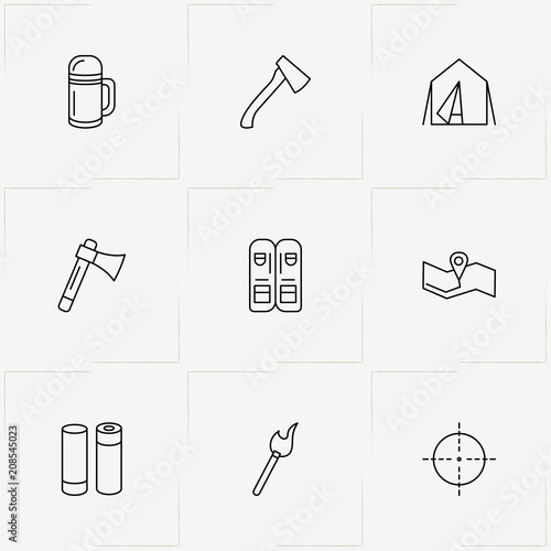 Hunting line icon set with torch, ammunition and chevron hunter