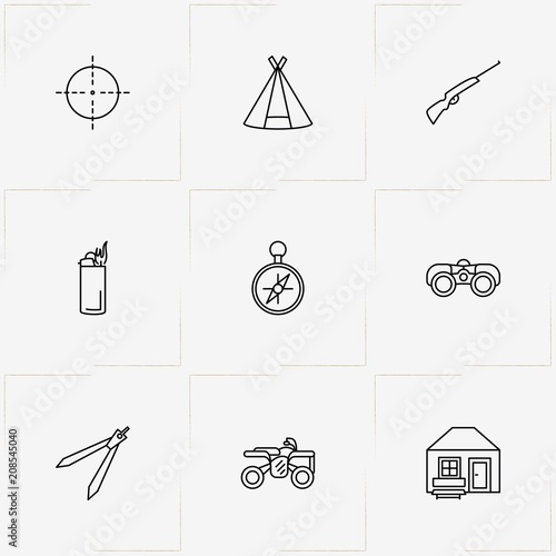 Hunting line icon set with rifle, four wheel bike  and target
