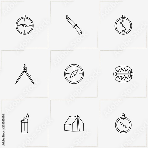 Hunting line icon set with lighter, knife and compass