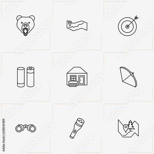 Hunting line icon set with map location , bear and ammunition