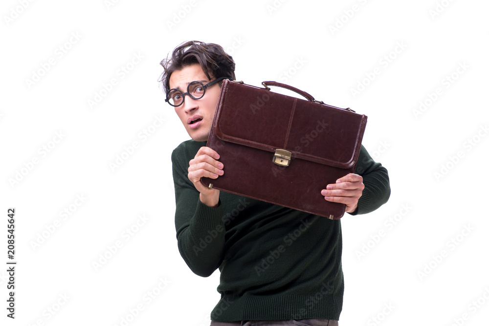 Nerd businessman with briefcase isolated on white Nerd businessman with briefcase isolated on white