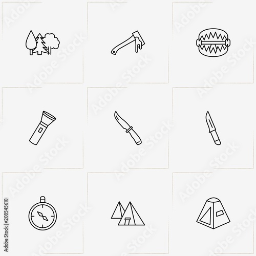 Hunting line icon set with flashlight, compass and trees