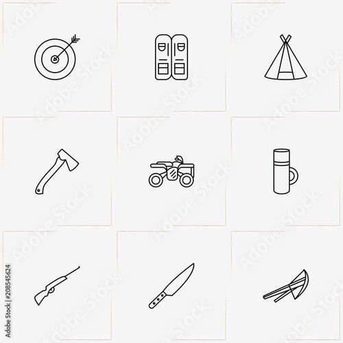 Hunting line icon set with four wheel bike , tent and knife