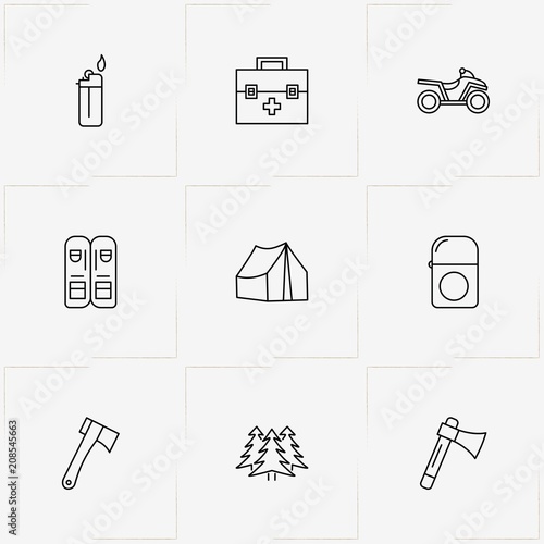 Hunting line icon set with tent, chevron hunter and hatchet