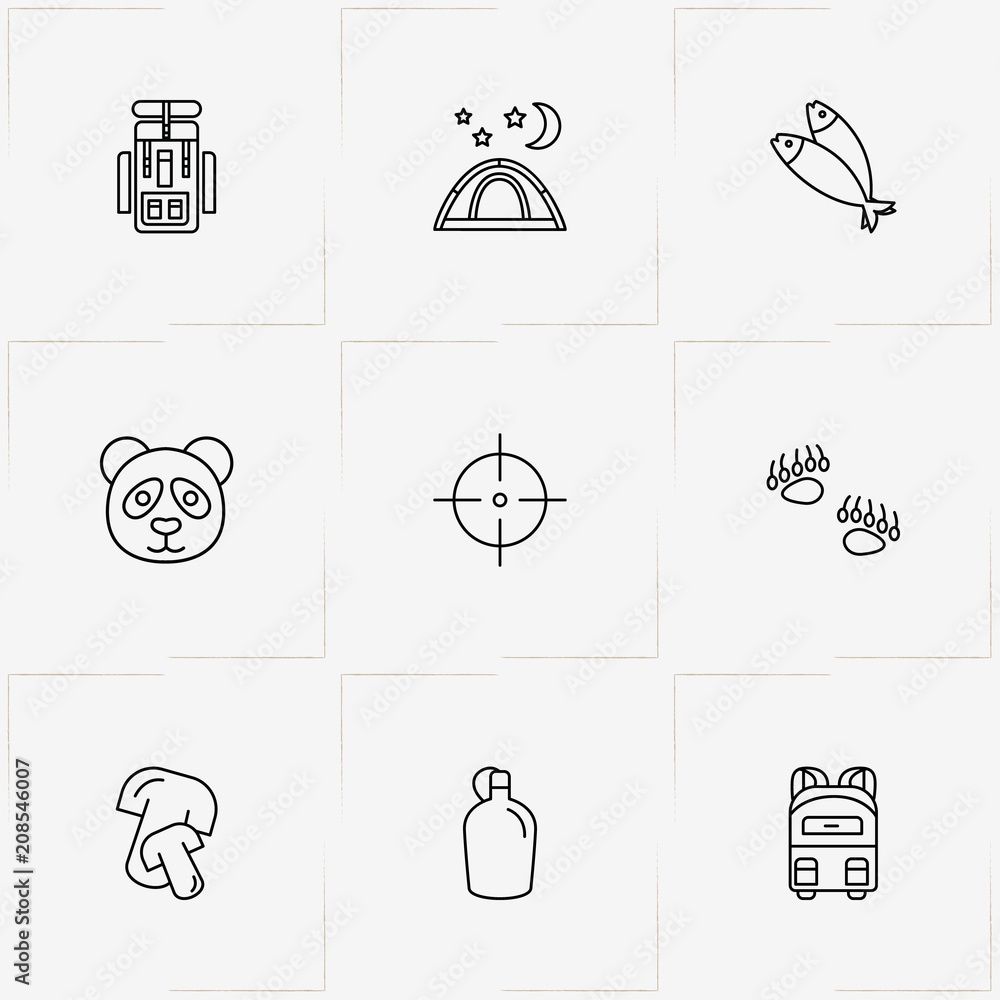 Hunting And Fishing line icon set with tent, target and fishes Stock Vector