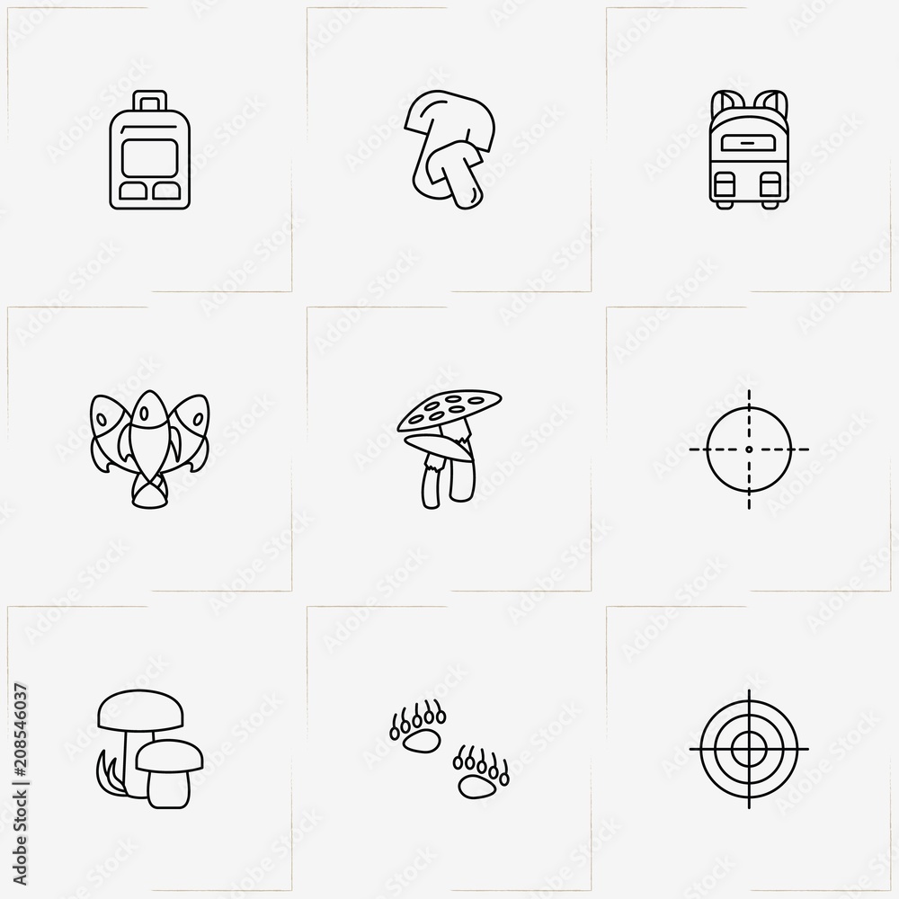 Hunting And Fishing line icon set with target, mushrooms and