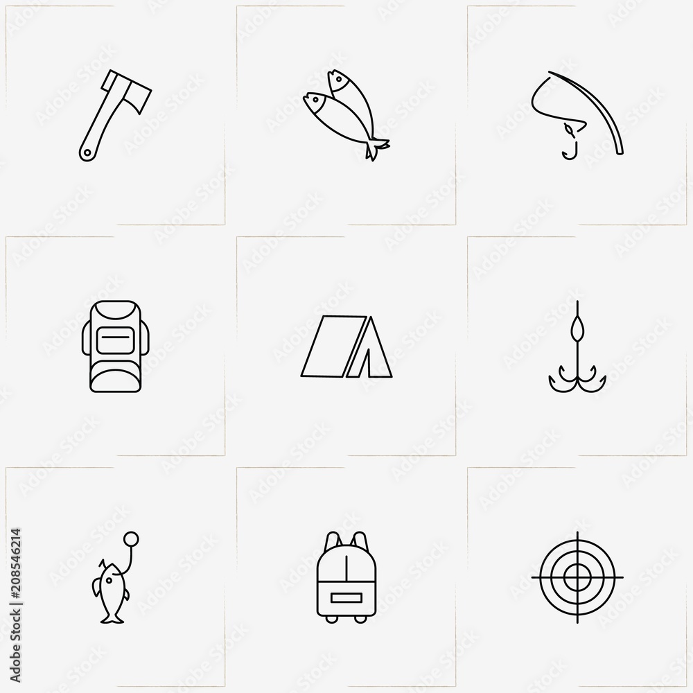 Hunting And Fishing line icon set with fishing rod, backpack and