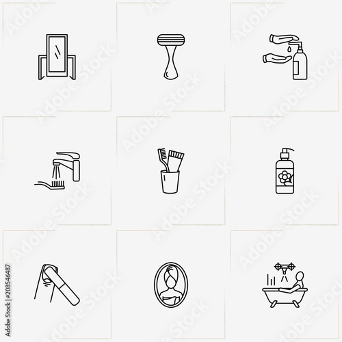 Hygiene line icon set with razor, liquid soap and hand liquid soap