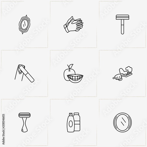 Hygiene line icon set with shampoo, teeth brush and smile