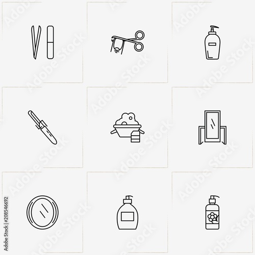 Hygiene line icon set with liquid soap, suds and cutting nail